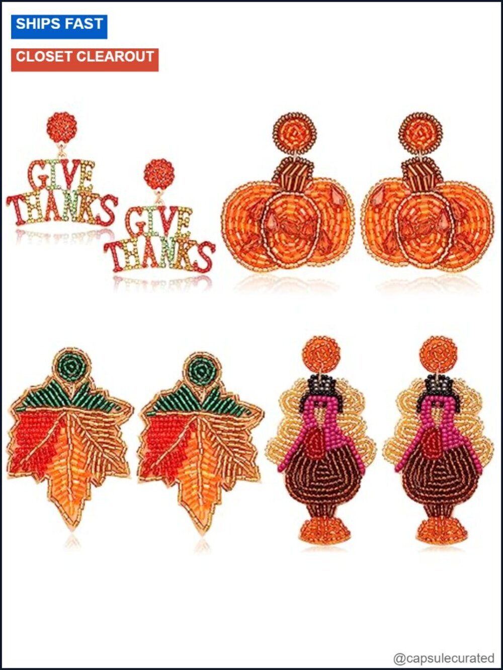 Beaded Holiday Dangle Earrings Set - Thanksgiving Christmas Turkey Pumpkin